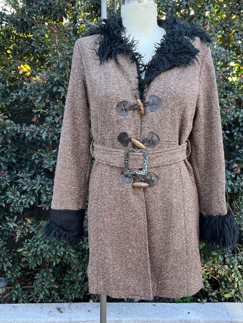 Vintage Faux Fur Tweed Belted Black Brown Pea Coat Women’s M